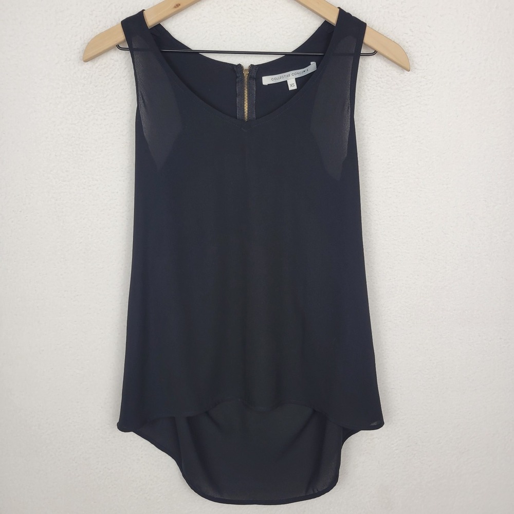 Collective Concepts Sheer Top XS Black Gold Zipper Sleeveless Modern Minimalist‎